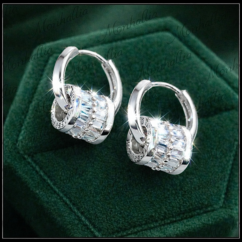 NEW SILVER SIMULATED BAGUETTE DIAMOND "BELOVED" LUCKY WHEEL HOOP EARRINGS